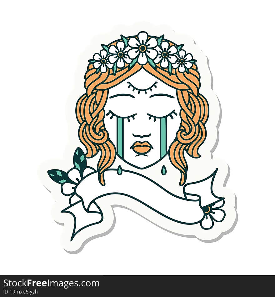 tattoo sticker with banner of female face crying with third eye