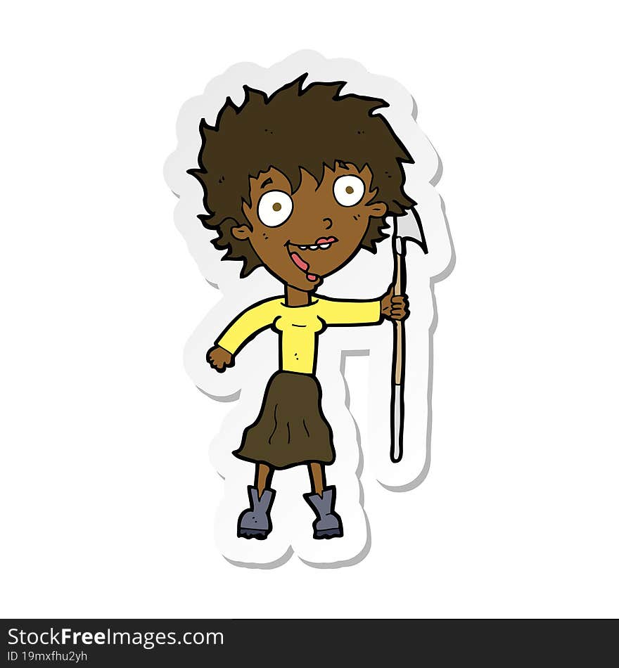 sticker of a cartoon crazy woman with spear