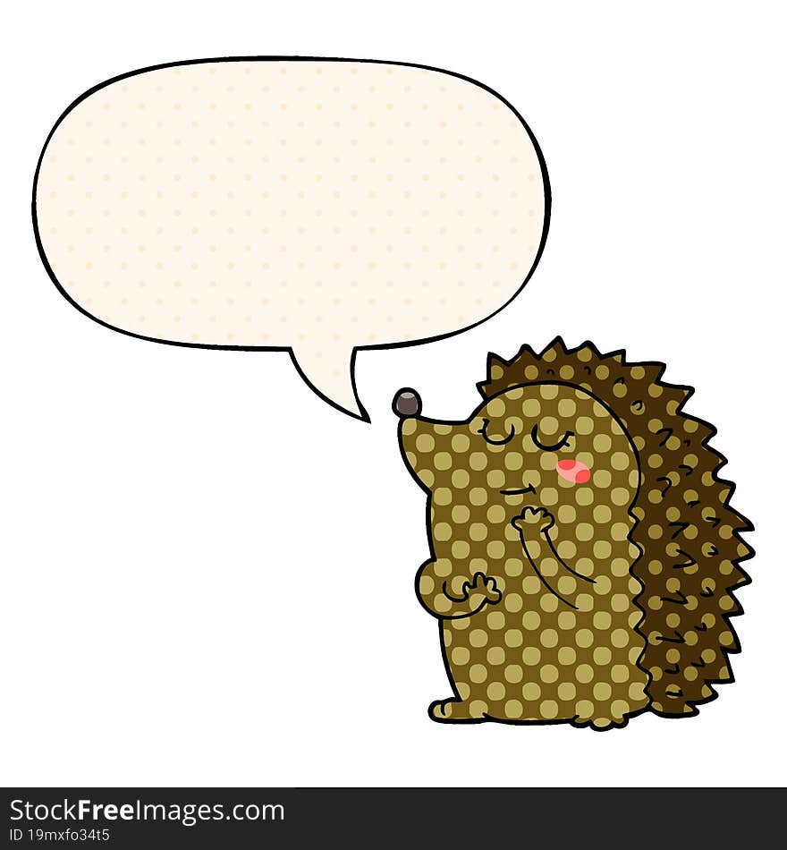 cute cartoon hedgehog and speech bubble in comic book style