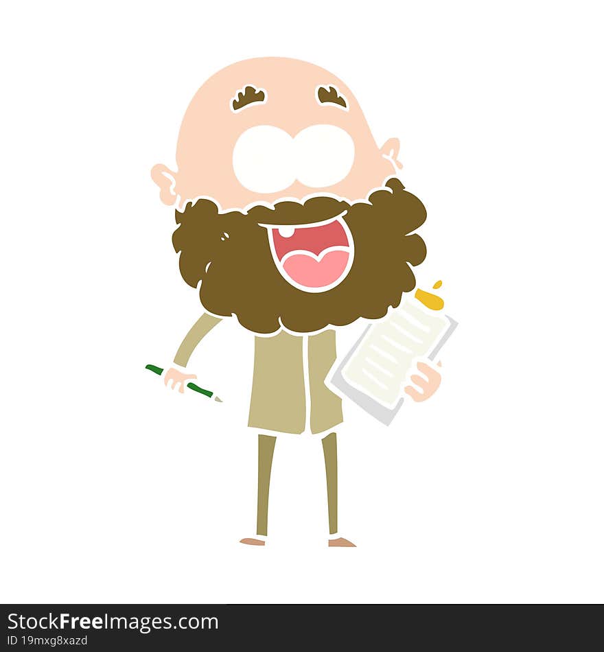 flat color style cartoon crazy happy man with beard and clip board for notes