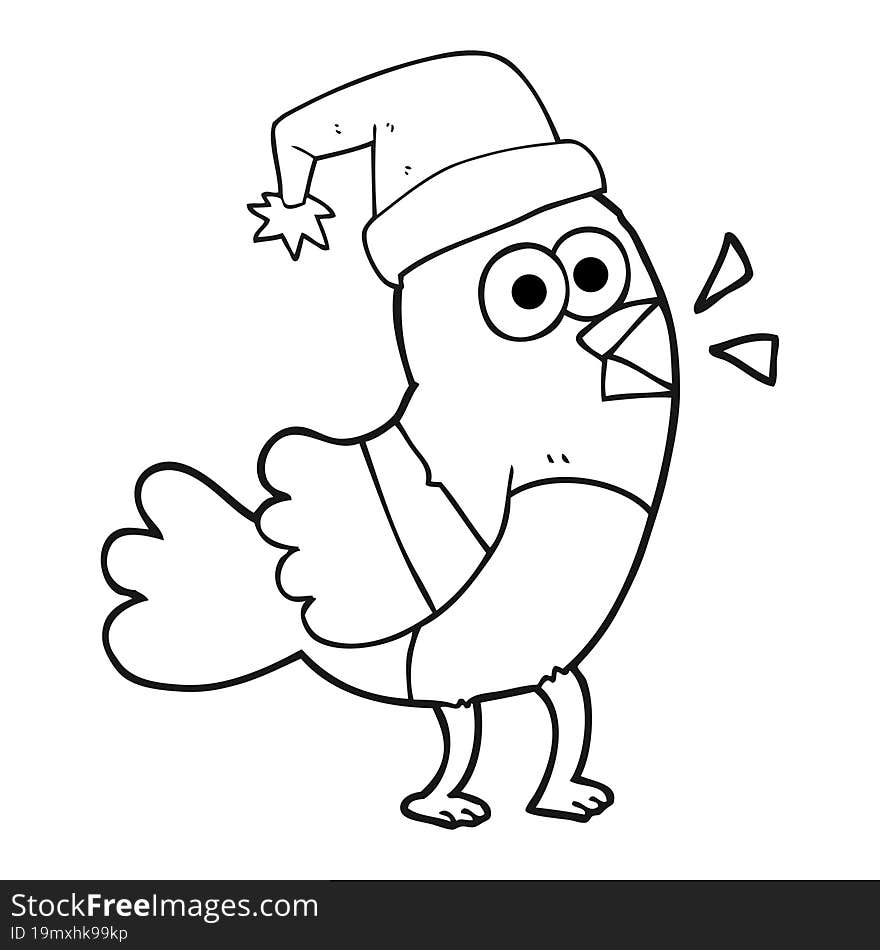 black and white cartoon bird wearing christmas hat