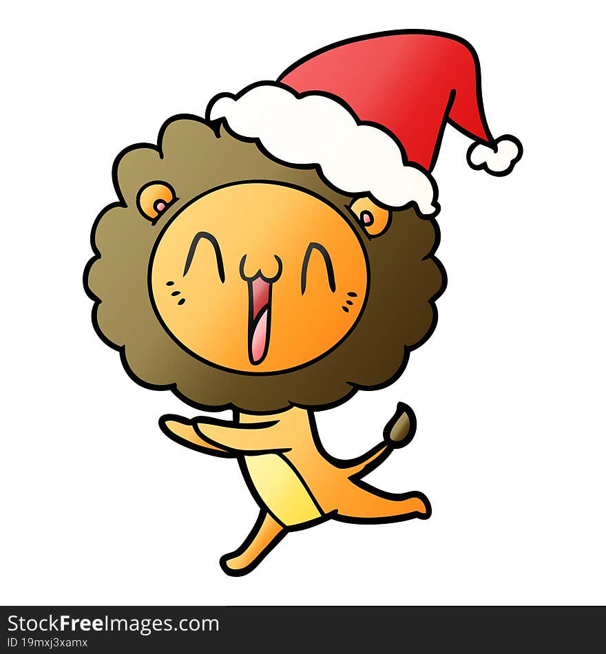 happy gradient cartoon of a lion wearing santa hat