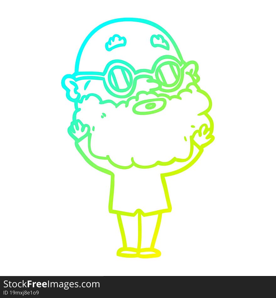 cold gradient line drawing cartoon curious man with beard and glasses