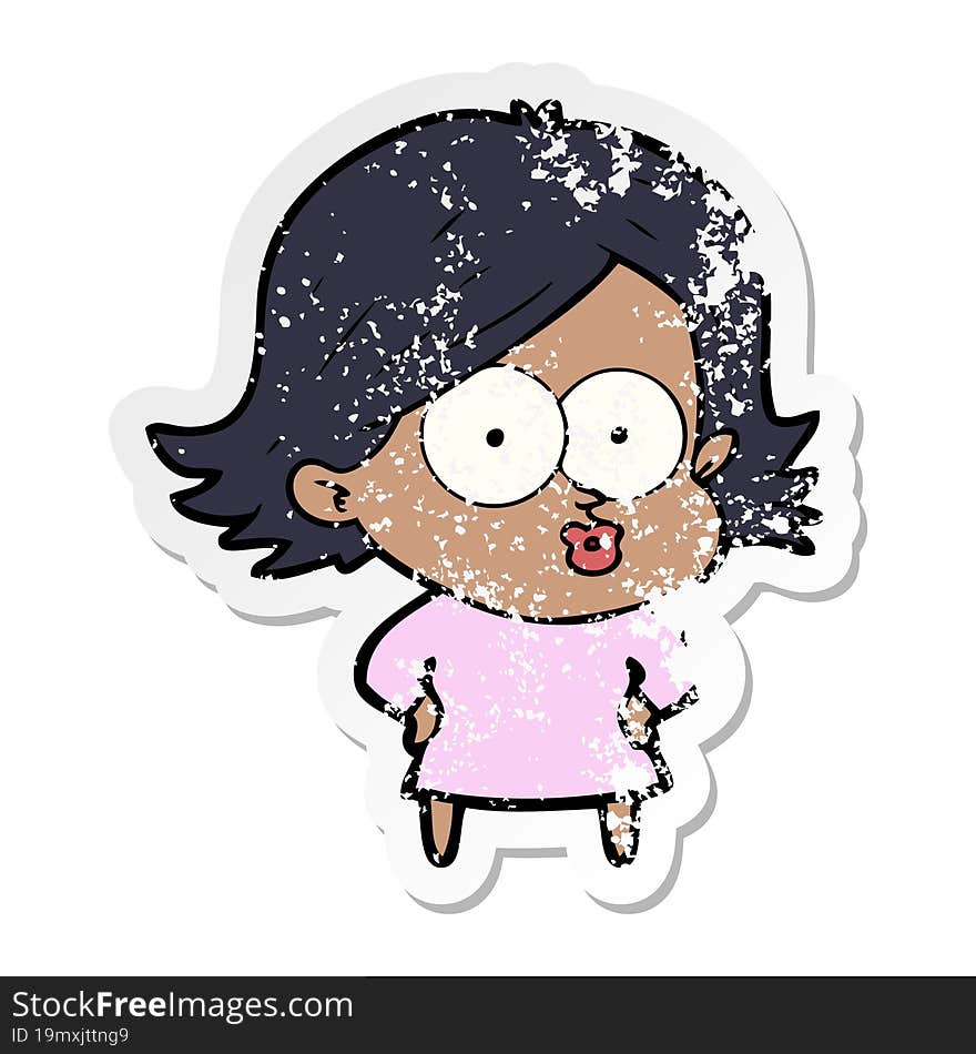 distressed sticker of a cartoon girl pouting