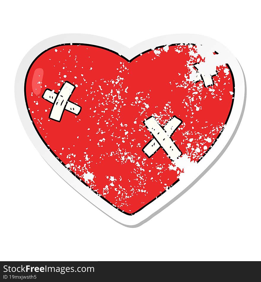 distressed sticker of a cartoon beaten up heart