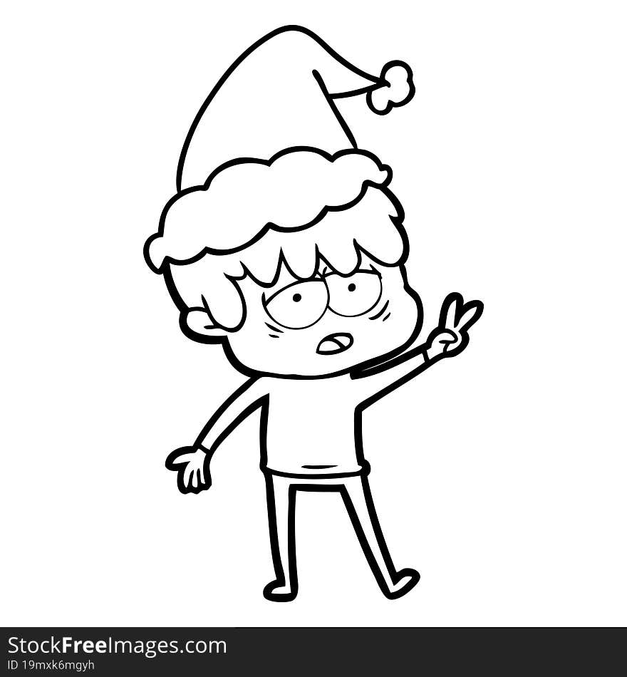 line drawing of a exhausted boy wearing santa hat