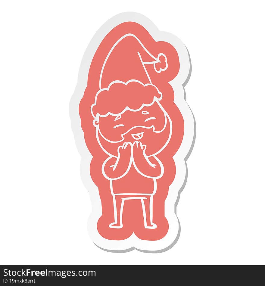 quirky cartoon  sticker of a happy bearded man wearing santa hat