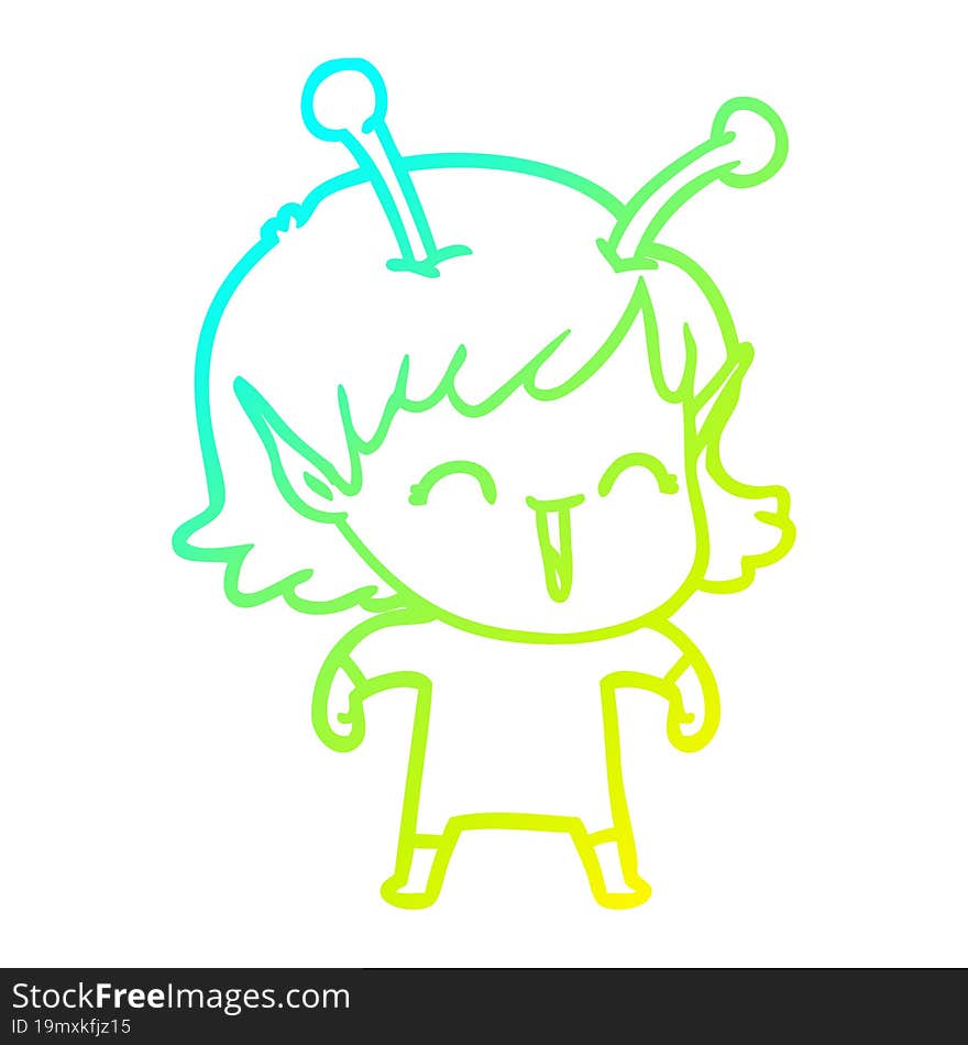 cold gradient line drawing of a cartoon alien girl laughing