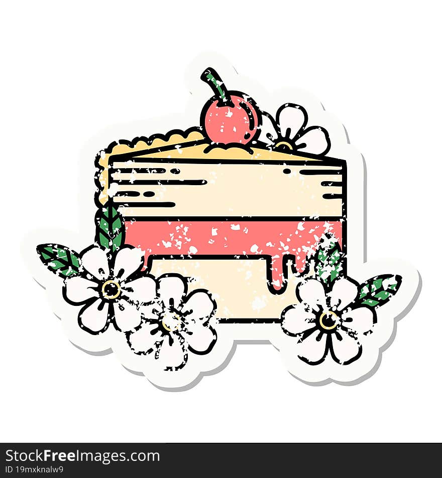 traditional distressed sticker tattoo of a slice of cake and flowers