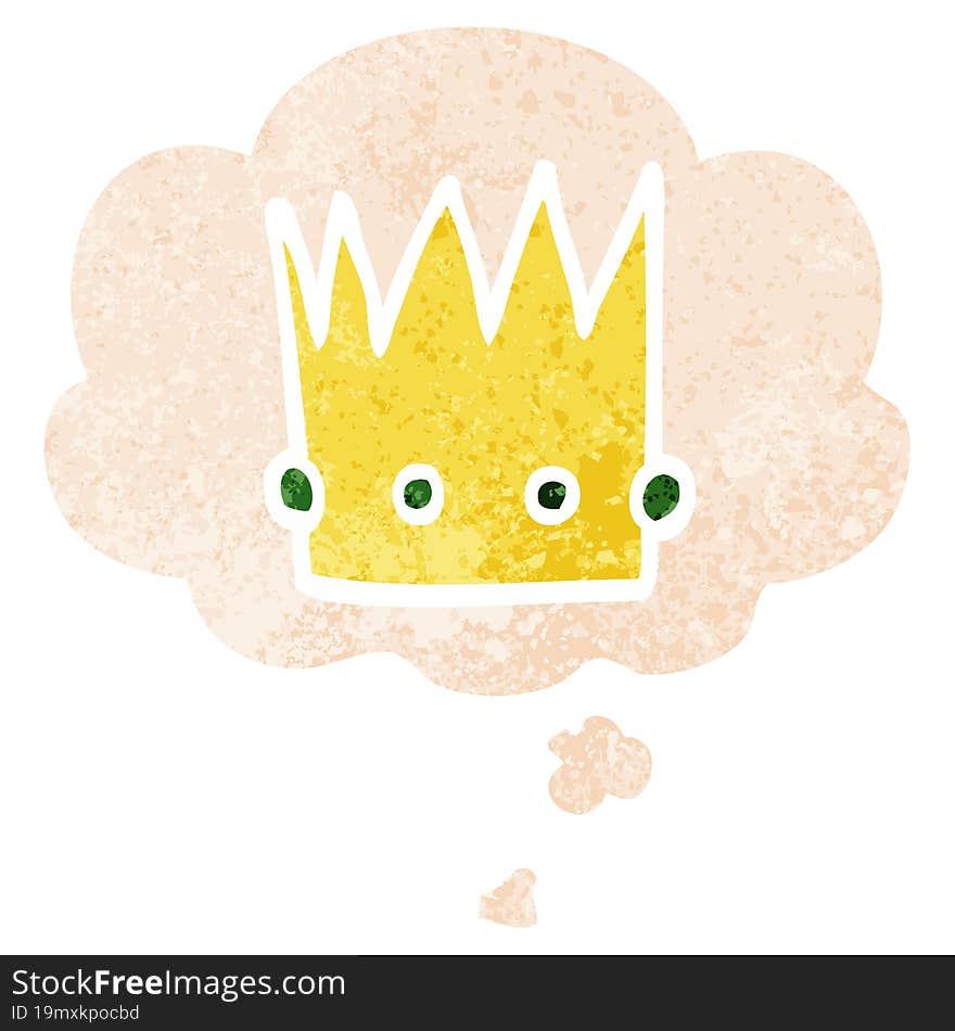 cartoon crown and thought bubble in retro textured style