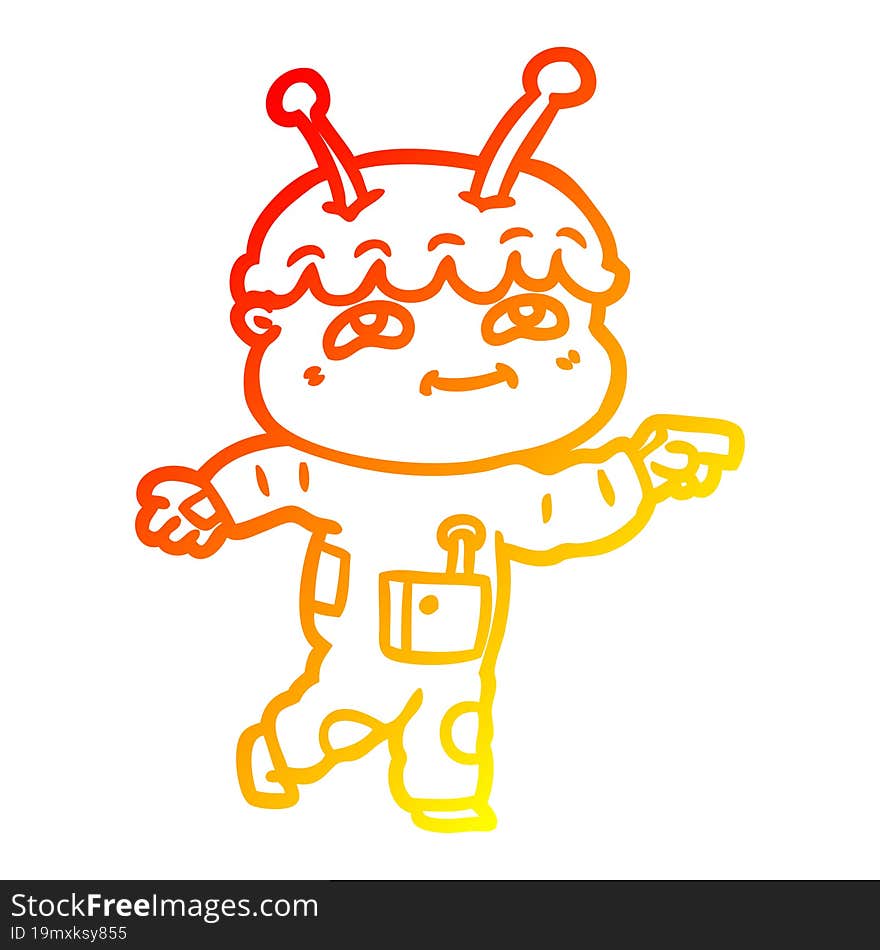 warm gradient line drawing friendly cartoon spaceman pointing