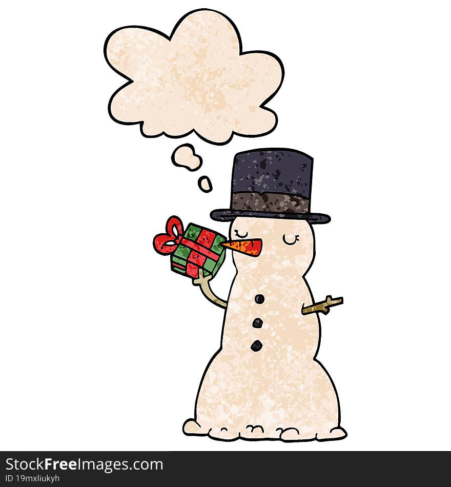 Cartoon Snowman And Thought Bubble In Grunge Texture Pattern Style