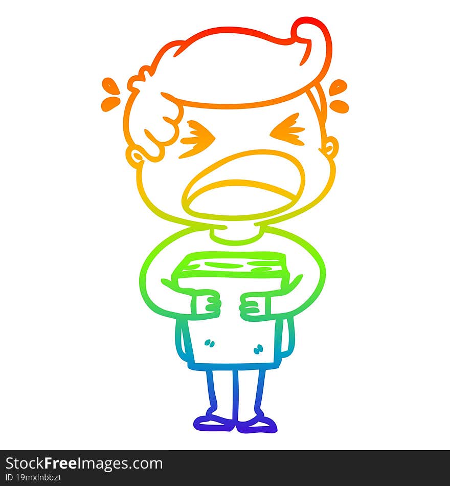 rainbow gradient line drawing cartoon shouting man with book