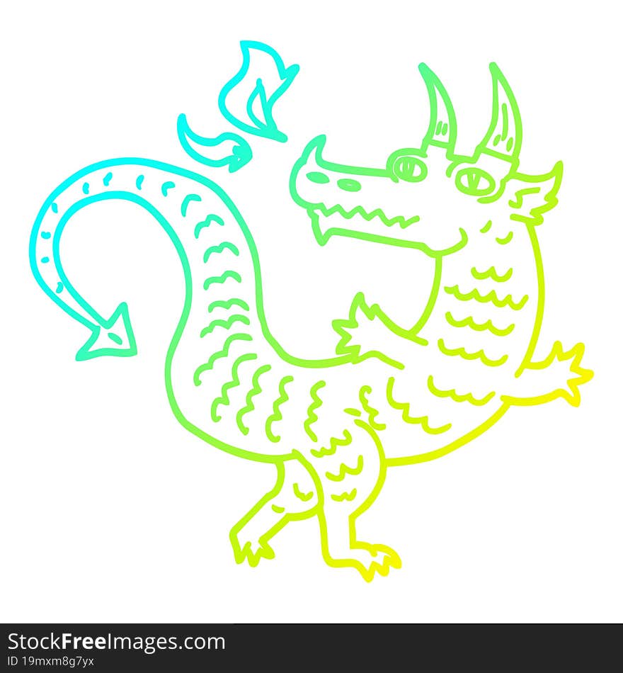 cold gradient line drawing of a cartoon magical dragon