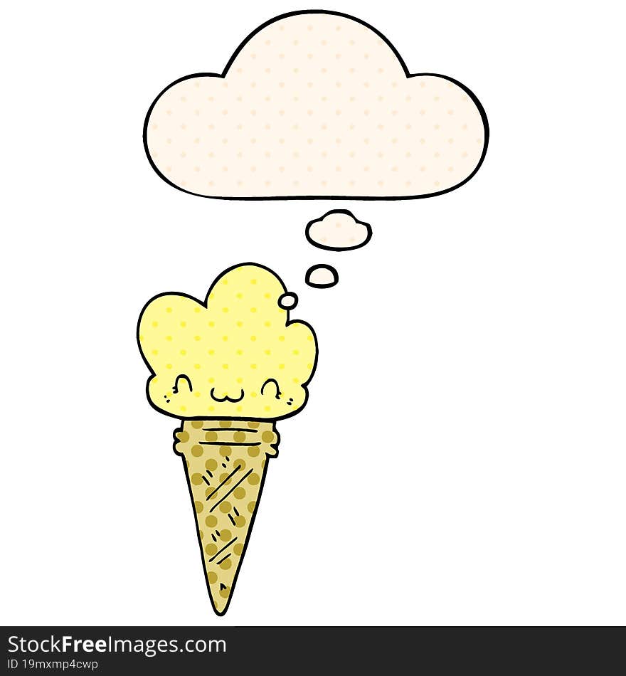 cartoon ice cream with face and thought bubble in comic book style