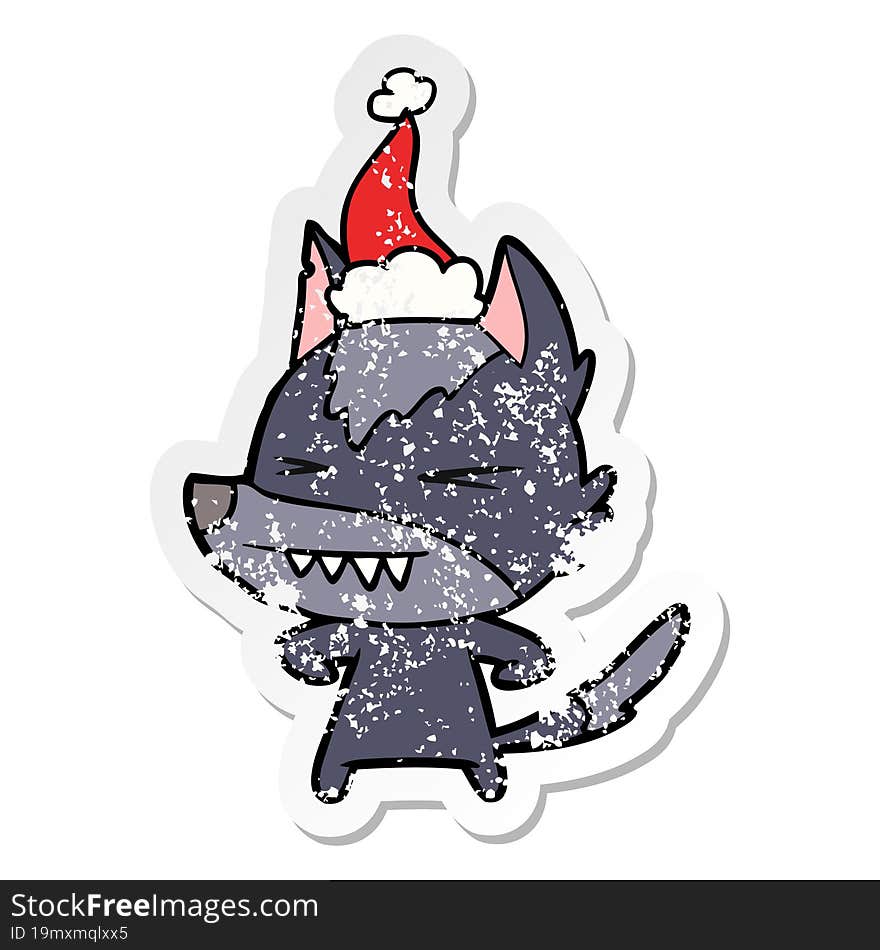 angry wolf hand drawn distressed sticker cartoon of a wearing santa hat. angry wolf hand drawn distressed sticker cartoon of a wearing santa hat