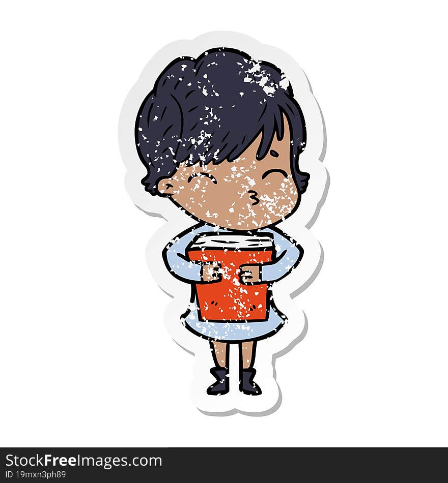 distressed sticker of a cartoon woman thinking