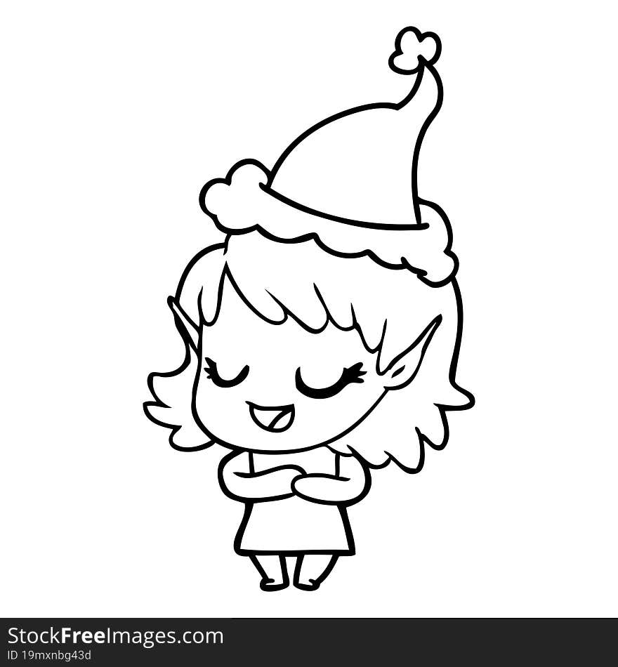 happy line drawing of a elf girl wearing santa hat