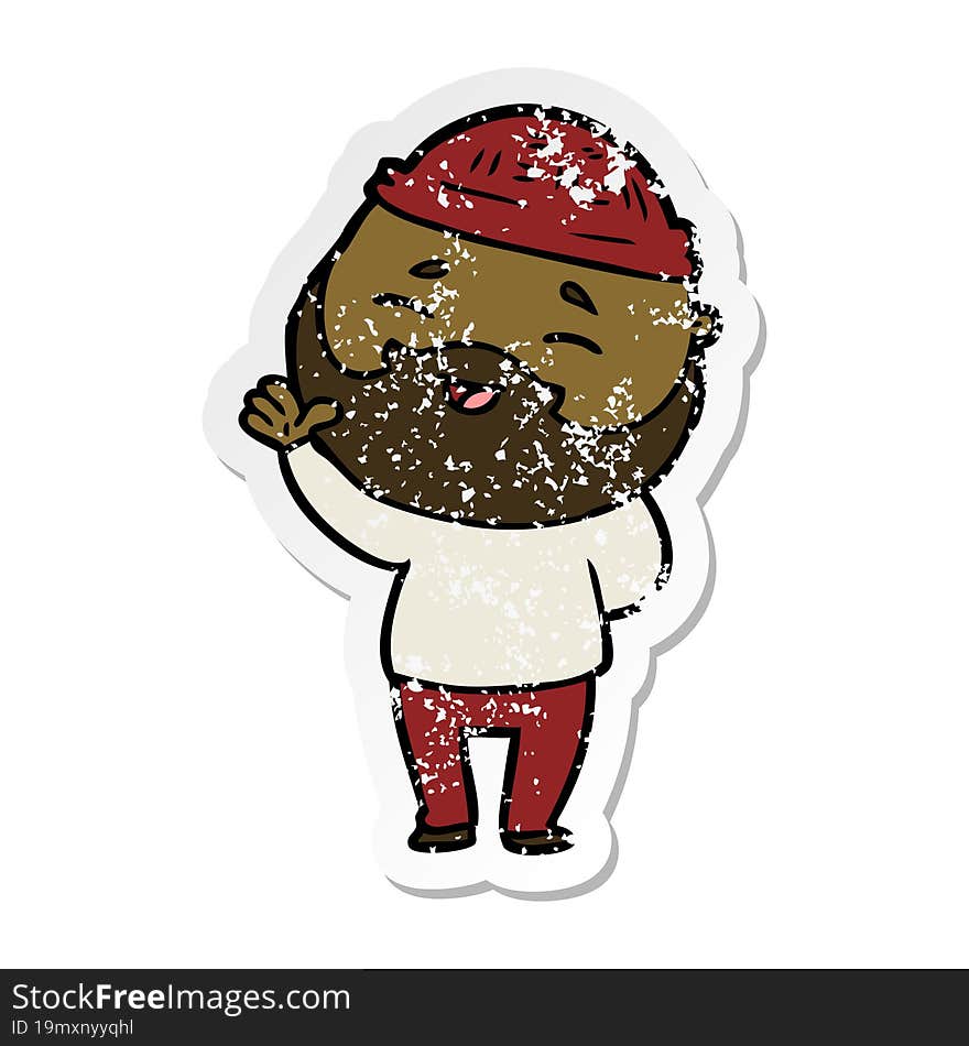 distressed sticker of a cartoon happy bearded man