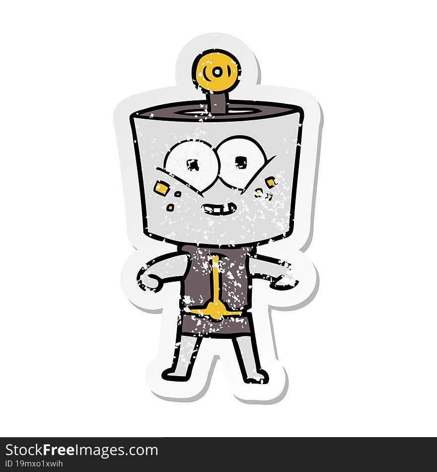 distressed sticker of a happy cartoon robot