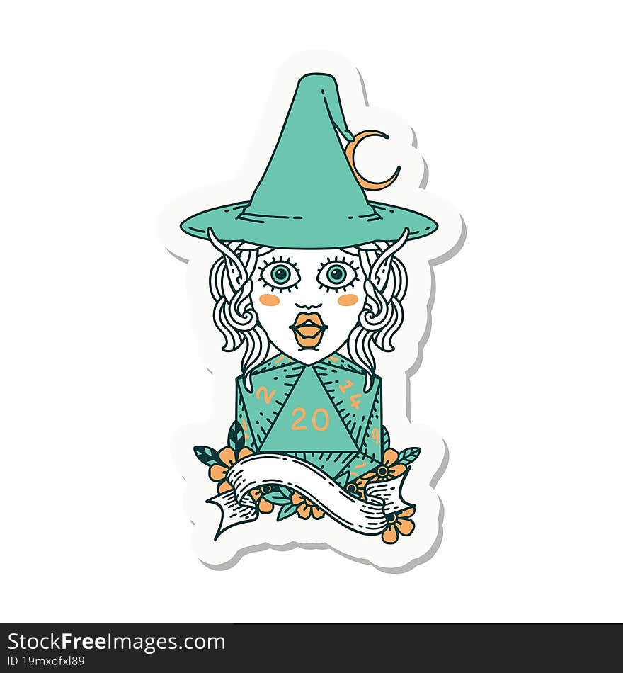 elf mage character with natural twenty dice roll sticker