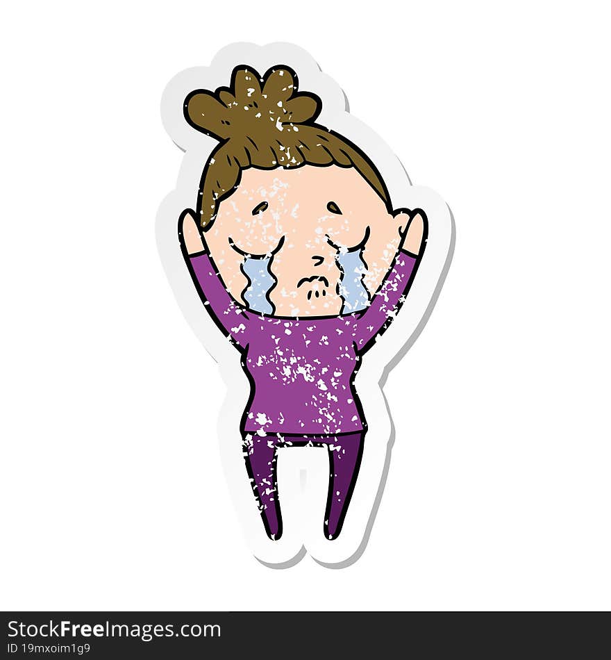 distressed sticker of a cartoon crying woman