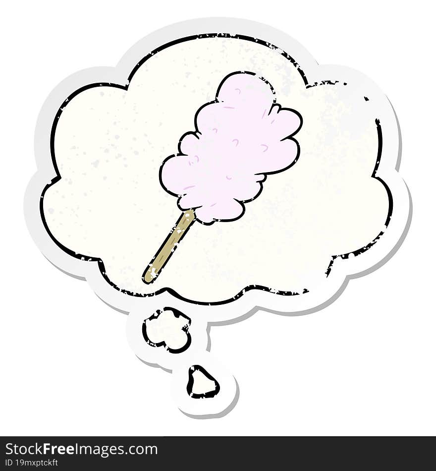 cartoon candy floss and thought bubble as a distressed worn sticker