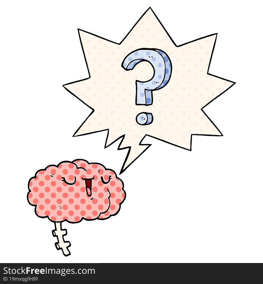 cartoon curious brain and speech bubble in comic book style