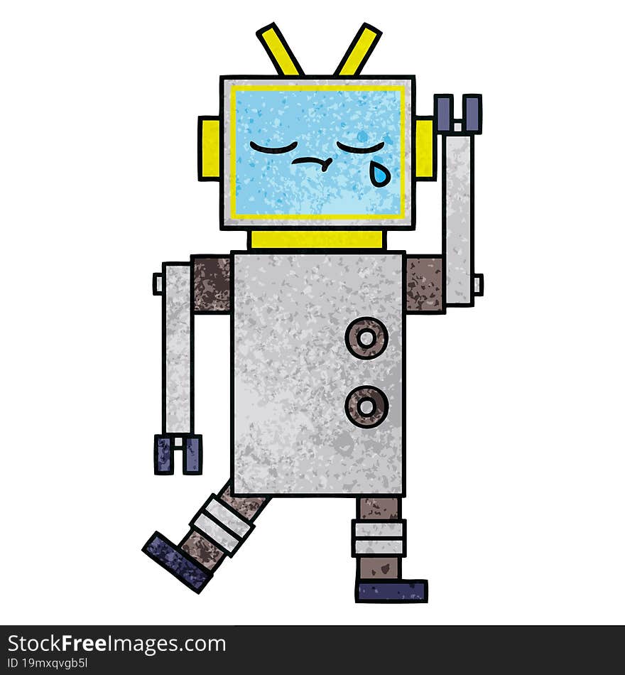 retro grunge texture cartoon crying robot