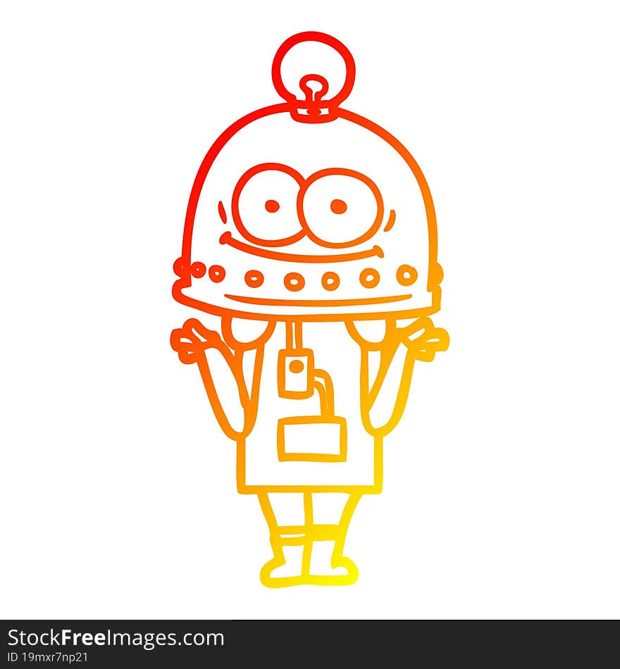 warm gradient line drawing happy carton robot with light bulb