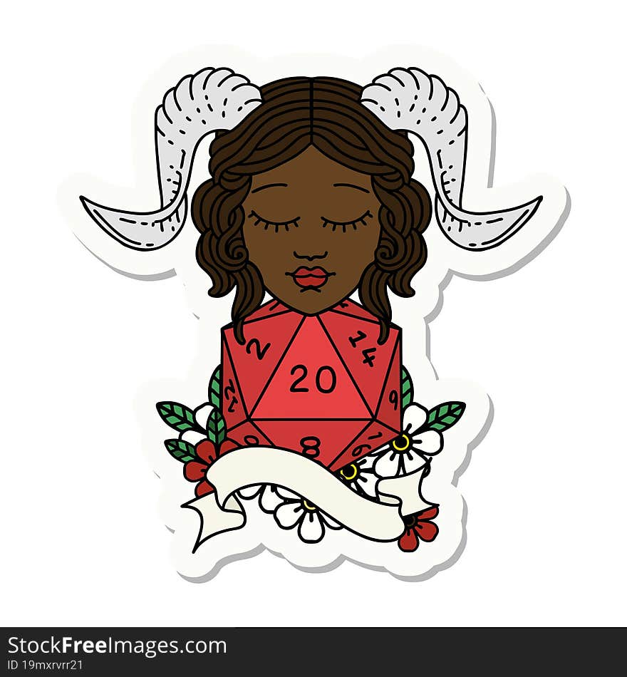 sticker of a tiefling with natural twenty dice roll. sticker of a tiefling with natural twenty dice roll