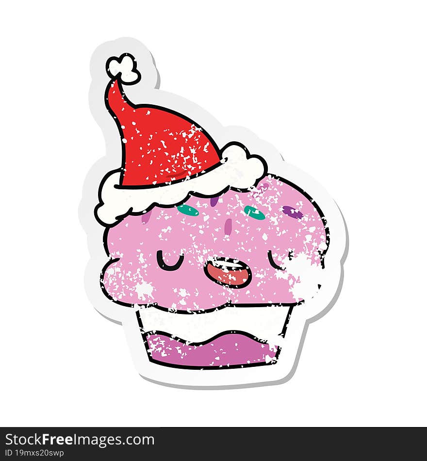 hand drawn christmas distressed sticker cartoon of kawaii cupcake