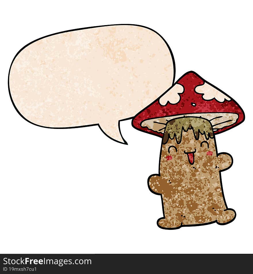 cartoon mushroom character and speech bubble in retro texture style