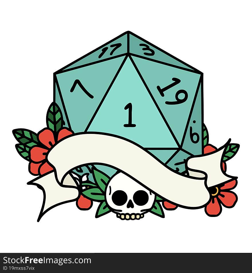 Retro Tattoo Style natural one d20 dice roll. Retro Tattoo Style natural one d20 dice roll