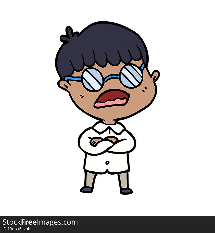 cartoon boy with crossed arms wearing spectacles. cartoon boy with crossed arms wearing spectacles