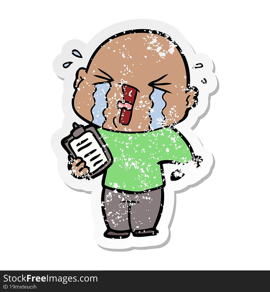 distressed sticker of a cartoon crying man with clipboard