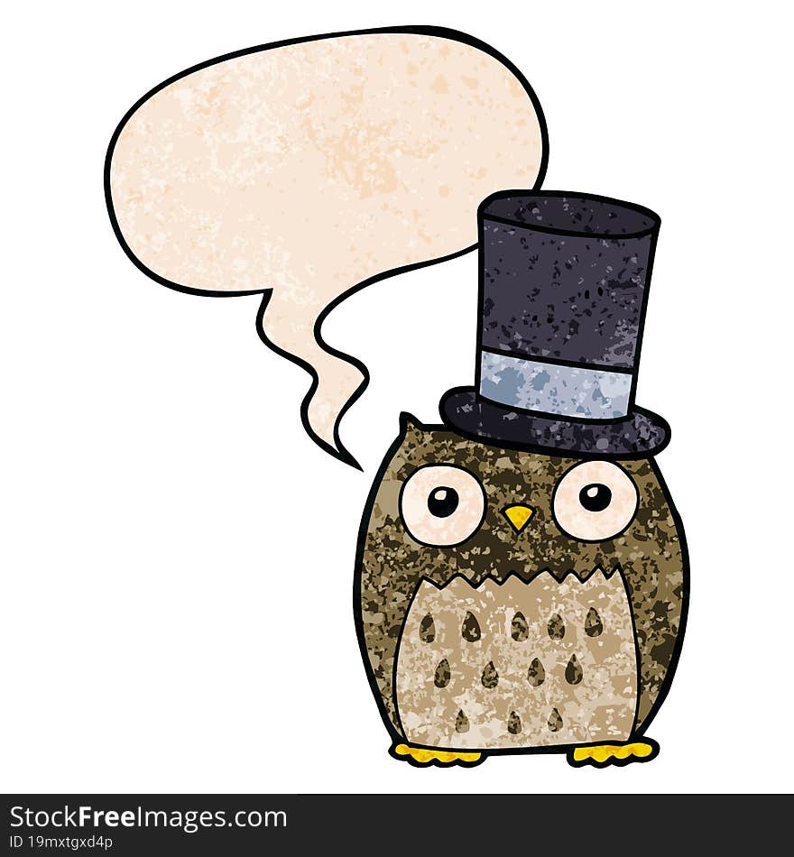 cartoon owl wearing top hat and speech bubble in retro texture style