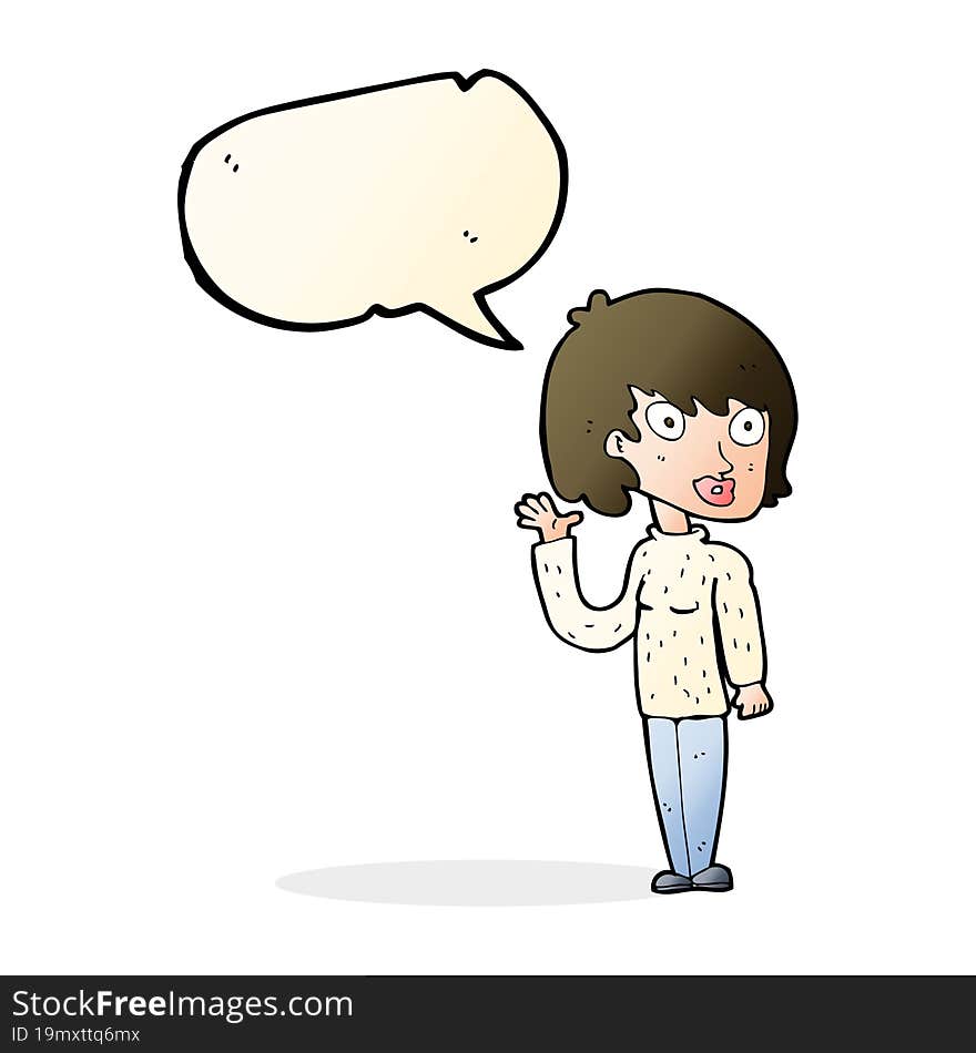 cartoon waving woman with speech bubble