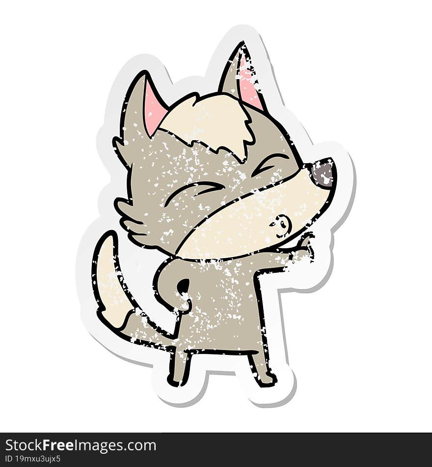 distressed sticker of a cartoon wolf pouting