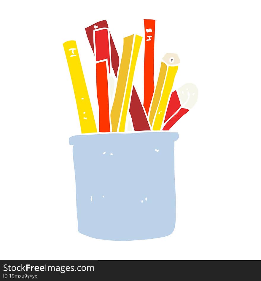 flat color illustration of a cartoon desk pot of pencils and pens