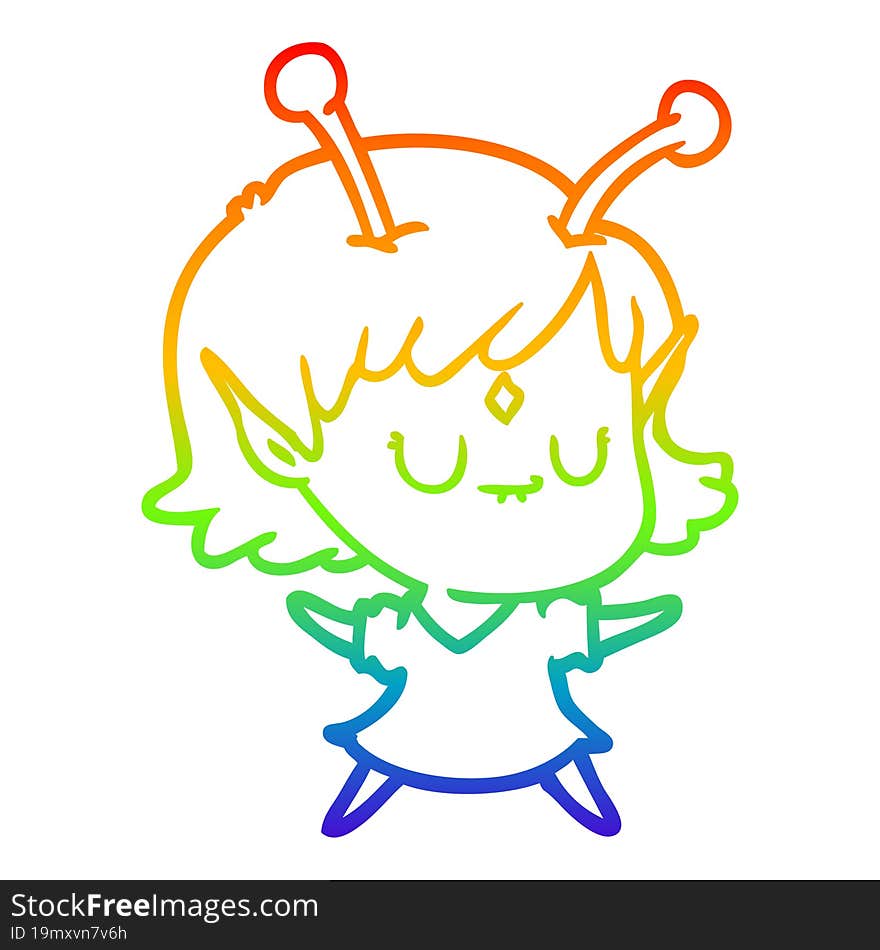 rainbow gradient line drawing of a cartoon alien girl