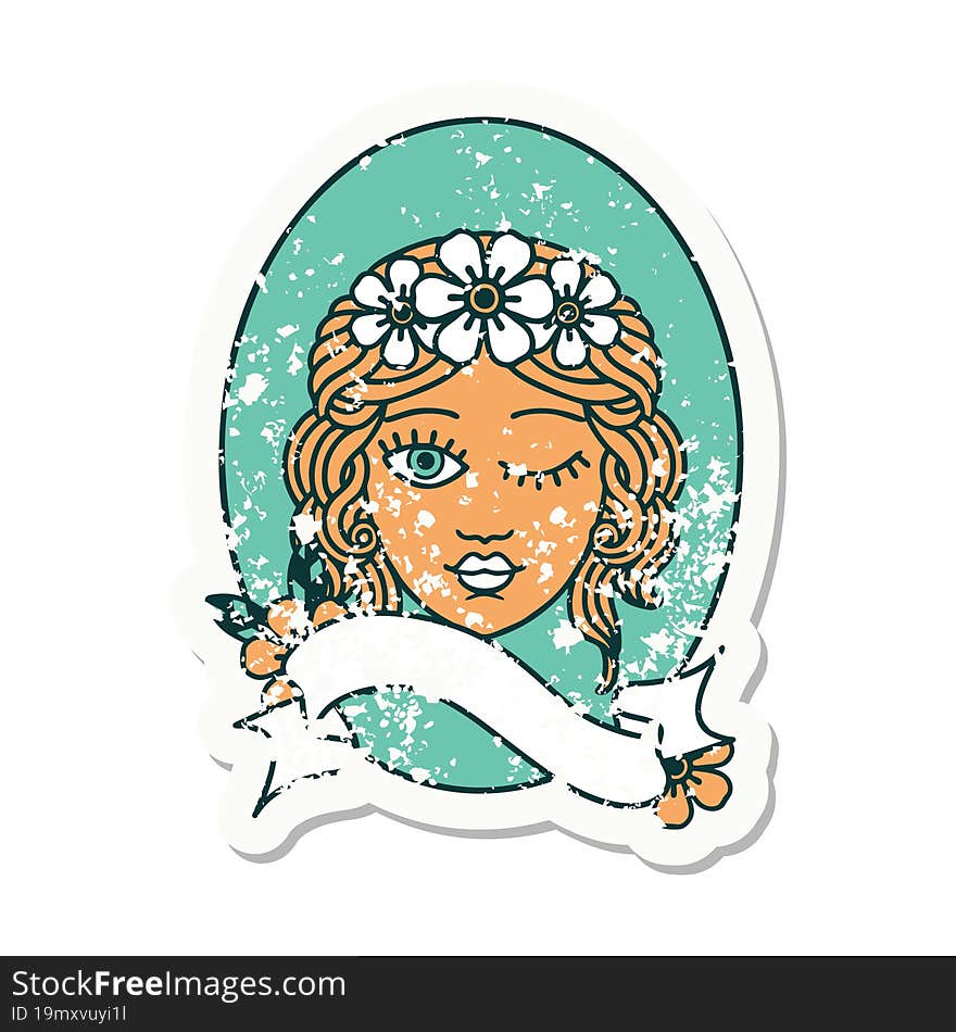 grunge sticker with banner of a maiden with crown of flowers winking