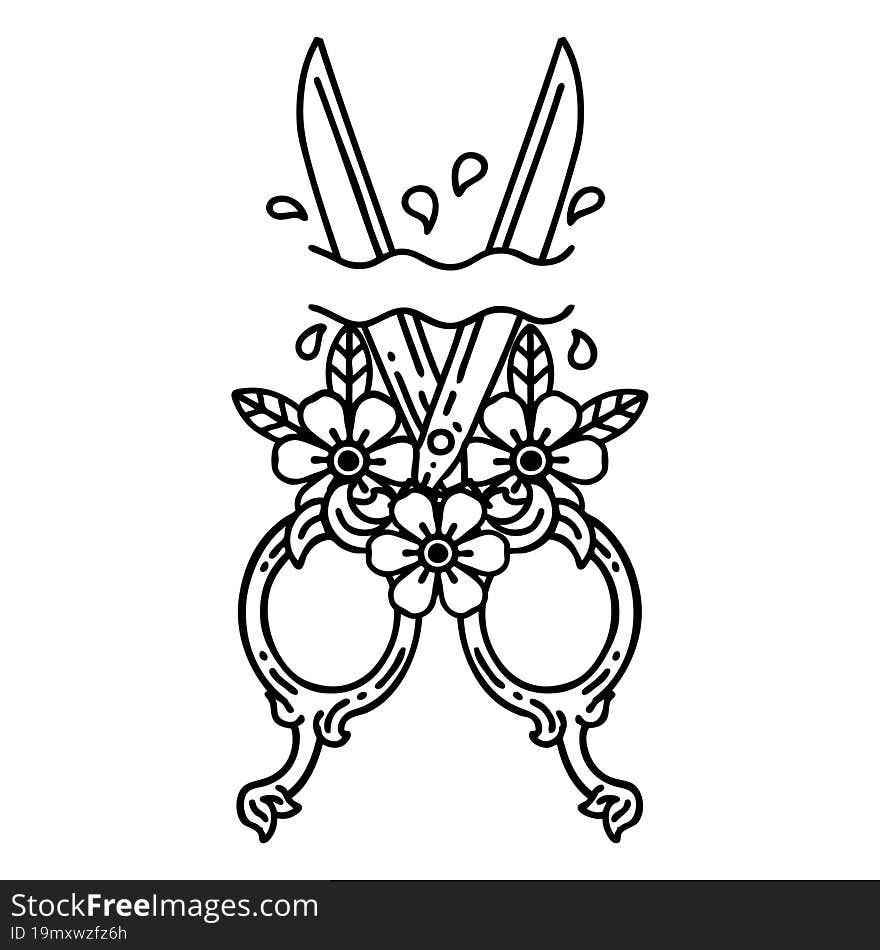 Black Line Tattoo Of A Barber Scissors And Flowers