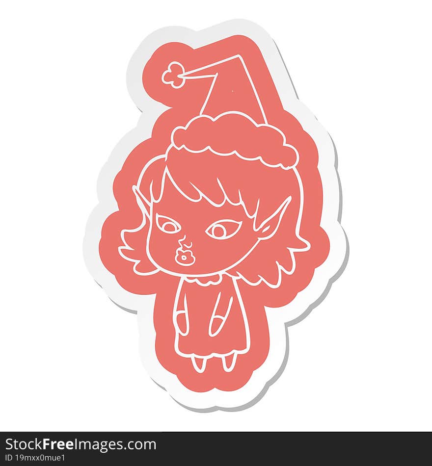 Cartoon  Sticker Of A Elf Girl With Pointy Ears Wearing Santa Hat