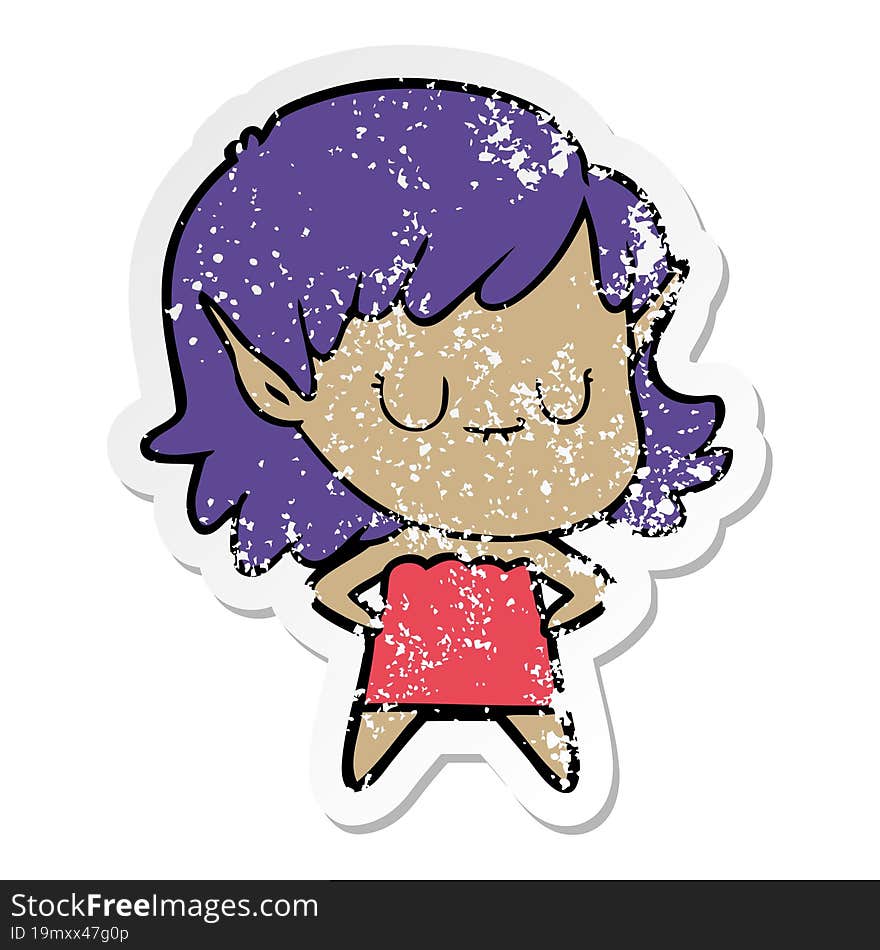 distressed sticker of a happy cartoon elf girl