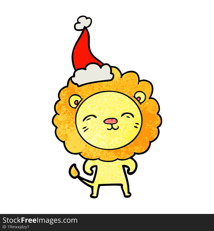 hand drawn textured cartoon of a lion wearing santa hat