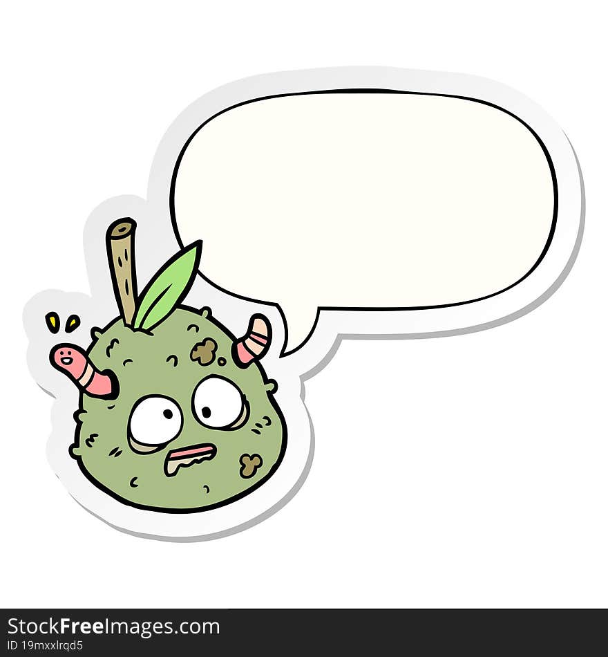 cartoon rotting old pear and worm and speech bubble sticker