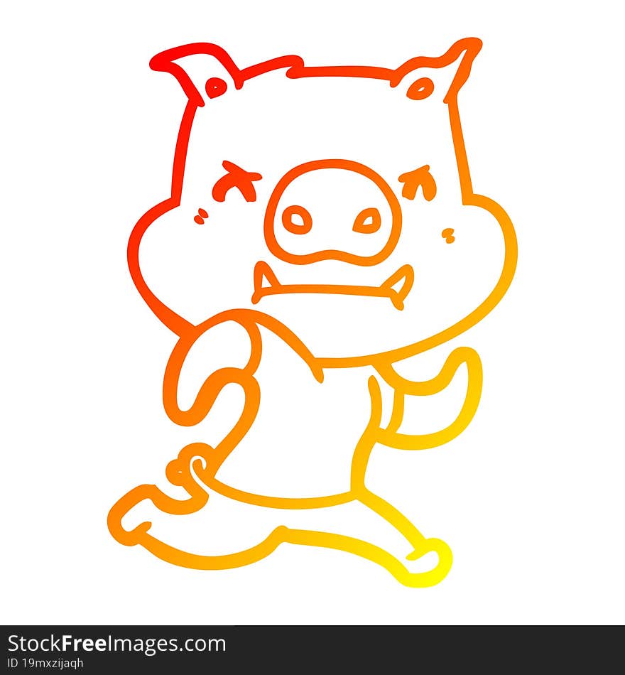 warm gradient line drawing of a angry cartoon pig running