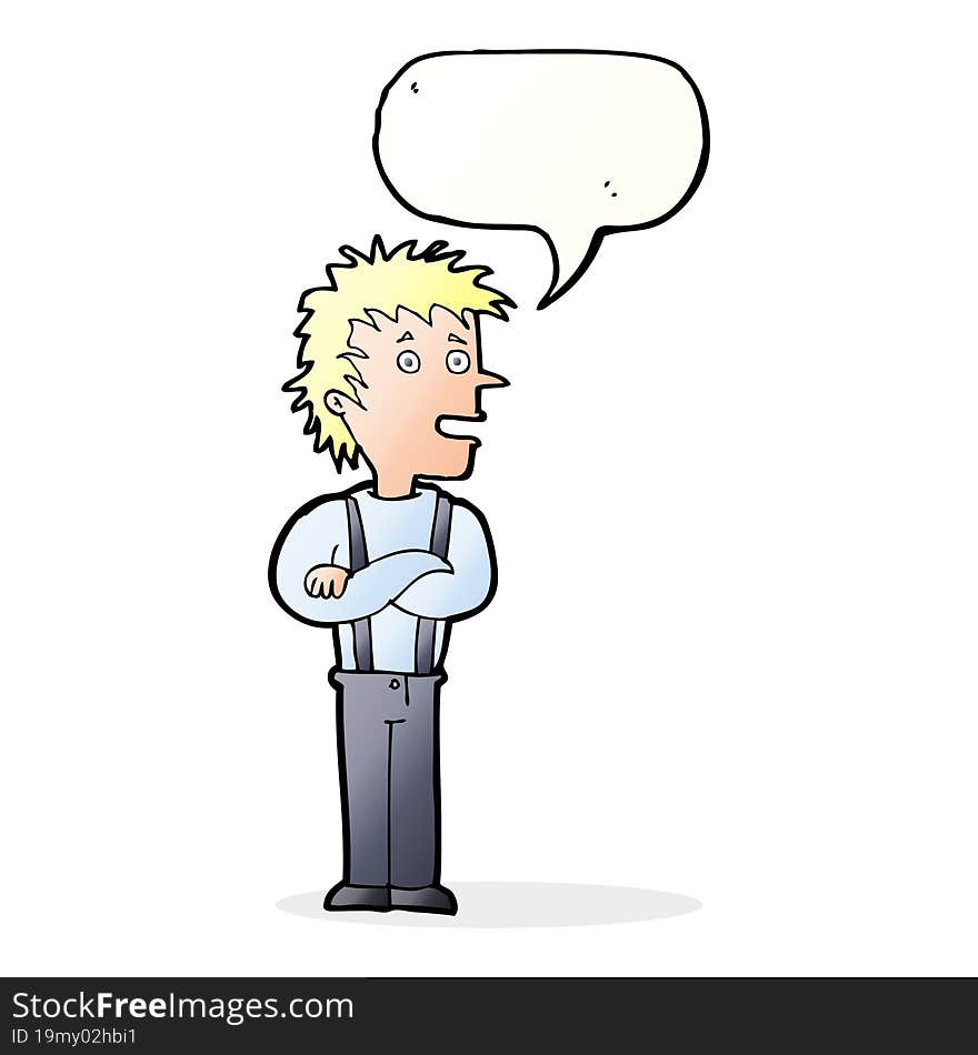 cartoon boy with folded arms with speech bubble