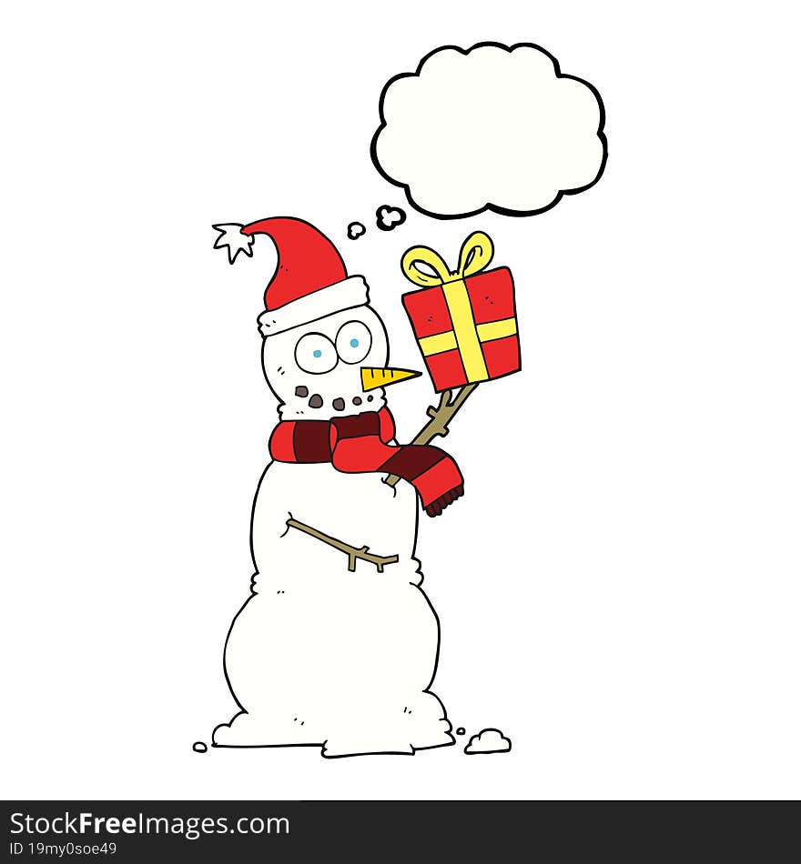 freehand drawn thought bubble cartoon snowman holding present